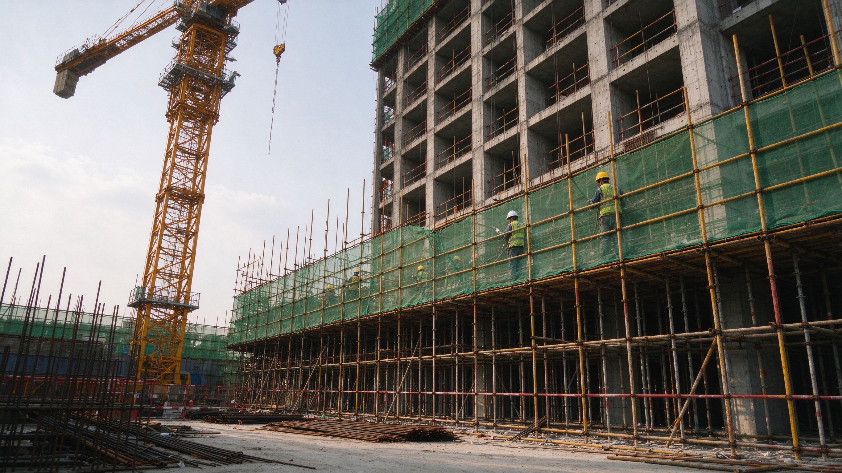 塔吊脚手架环绕的在建楼体施工现场
