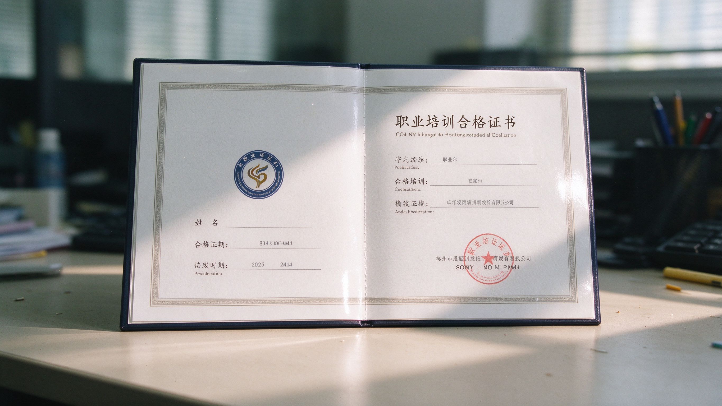 成绩合格后拿到的职业培训证书与费用收据放在一起