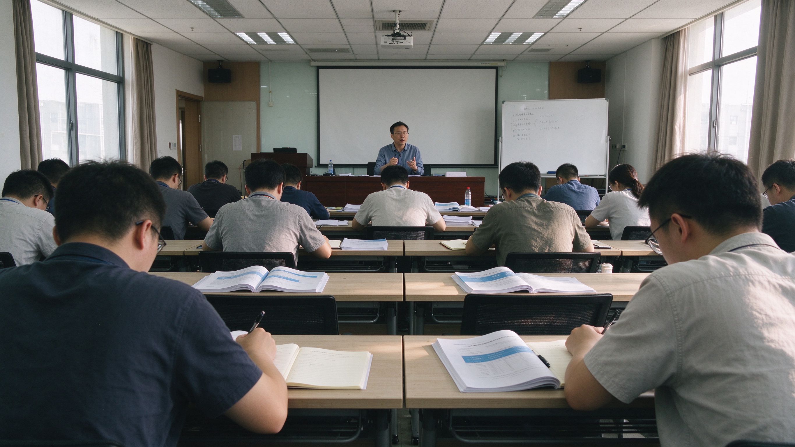 新乡考前培训教室里学员翻看备考资料