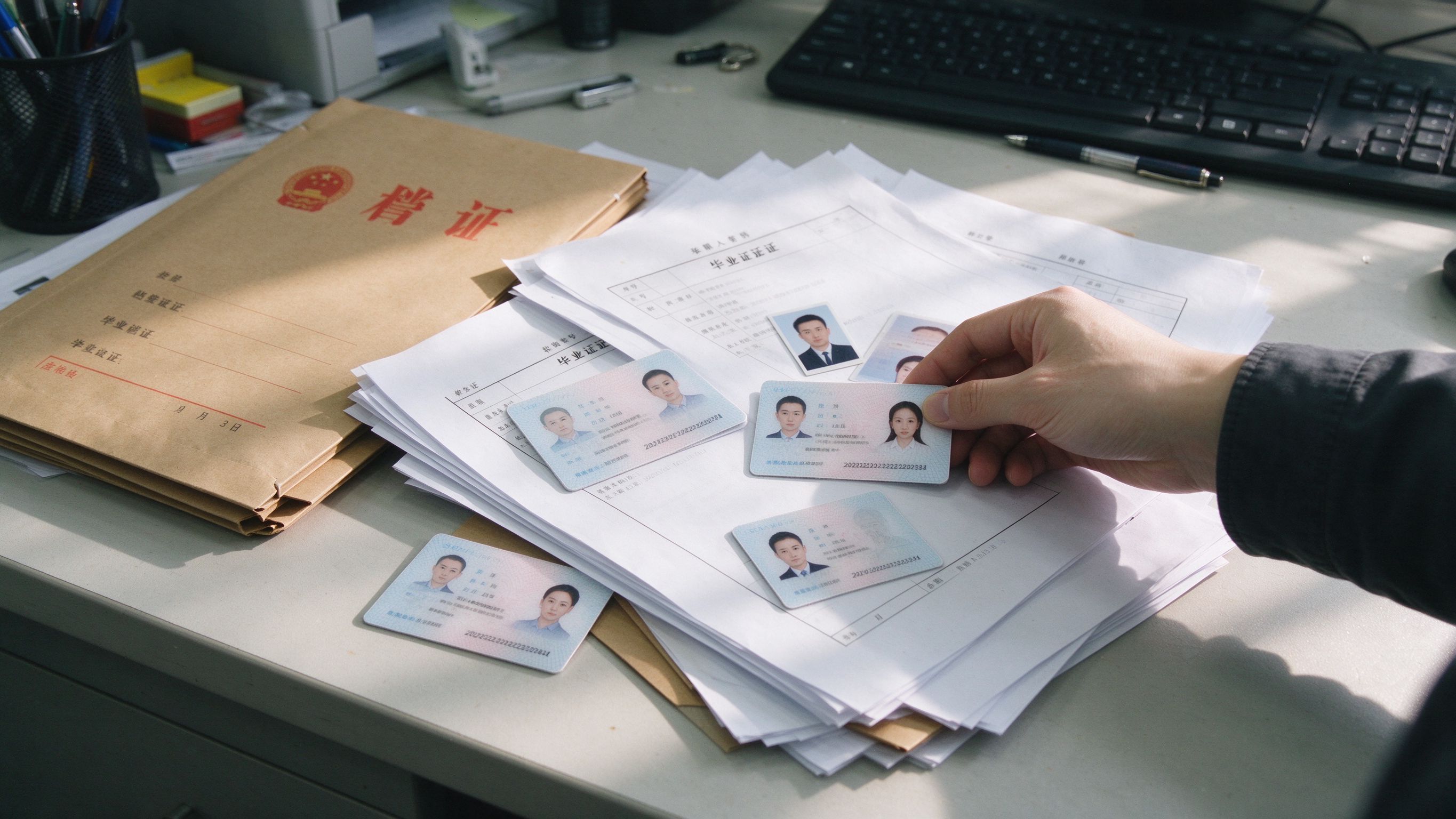 报考登记整理好的身份证学历证明等纸质材料