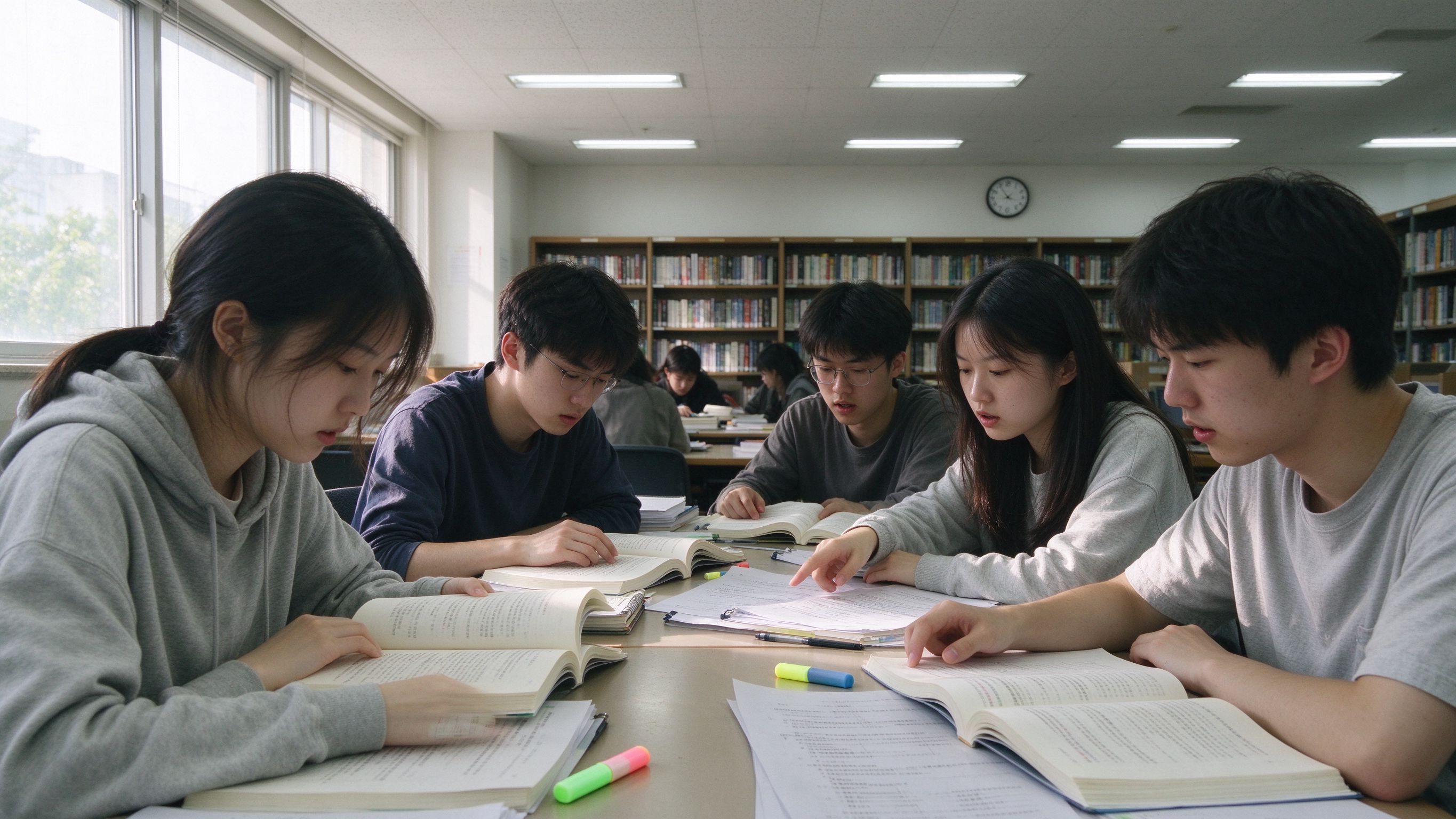 几位考生围坐讨论备考计划，实景照片